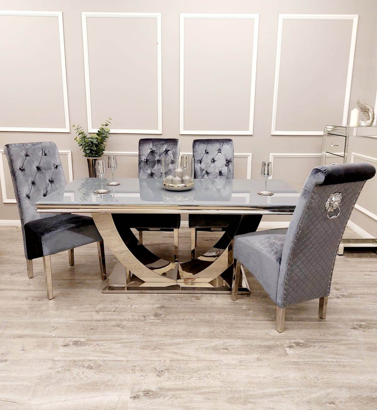 Arial Luxury Dining Table - Marble or Glass Top with Polished Stainless Steel Base - 1.6m, 1.8m, 2m Options - UK Luxury Furniture