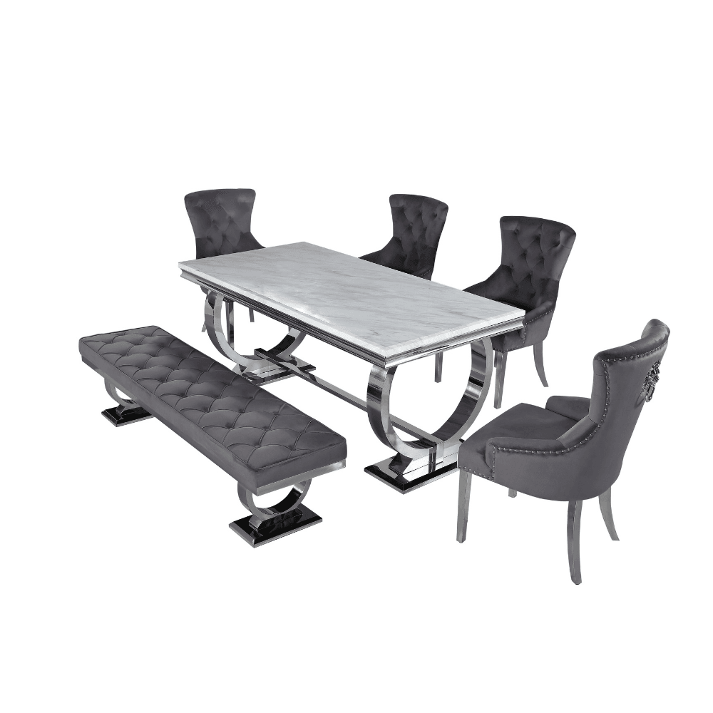 Luxurious Arriana Dining Table with Glass or Marble Top & Polished Stainless Steel Base - UK Luxury Furniture