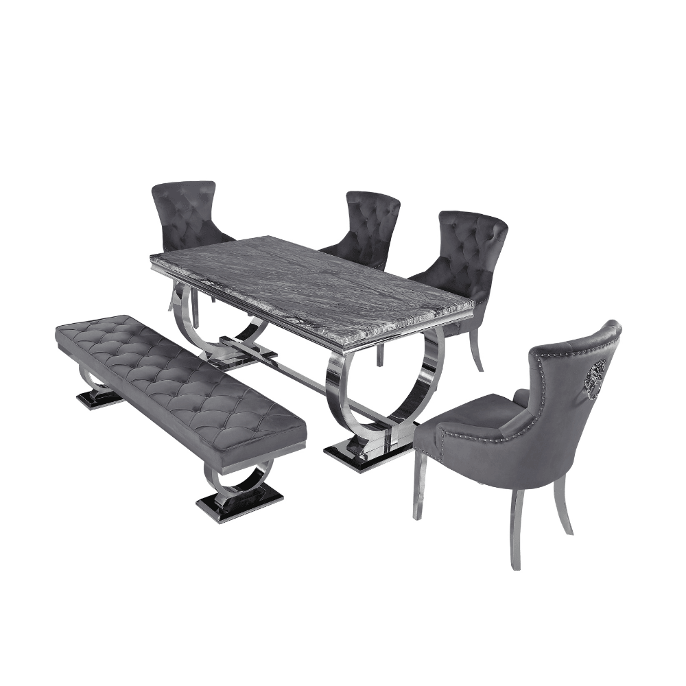 Luxurious Arriana Dining Table with Glass or Marble Top & Polished Stainless Steel Base - UK Luxury Furniture
