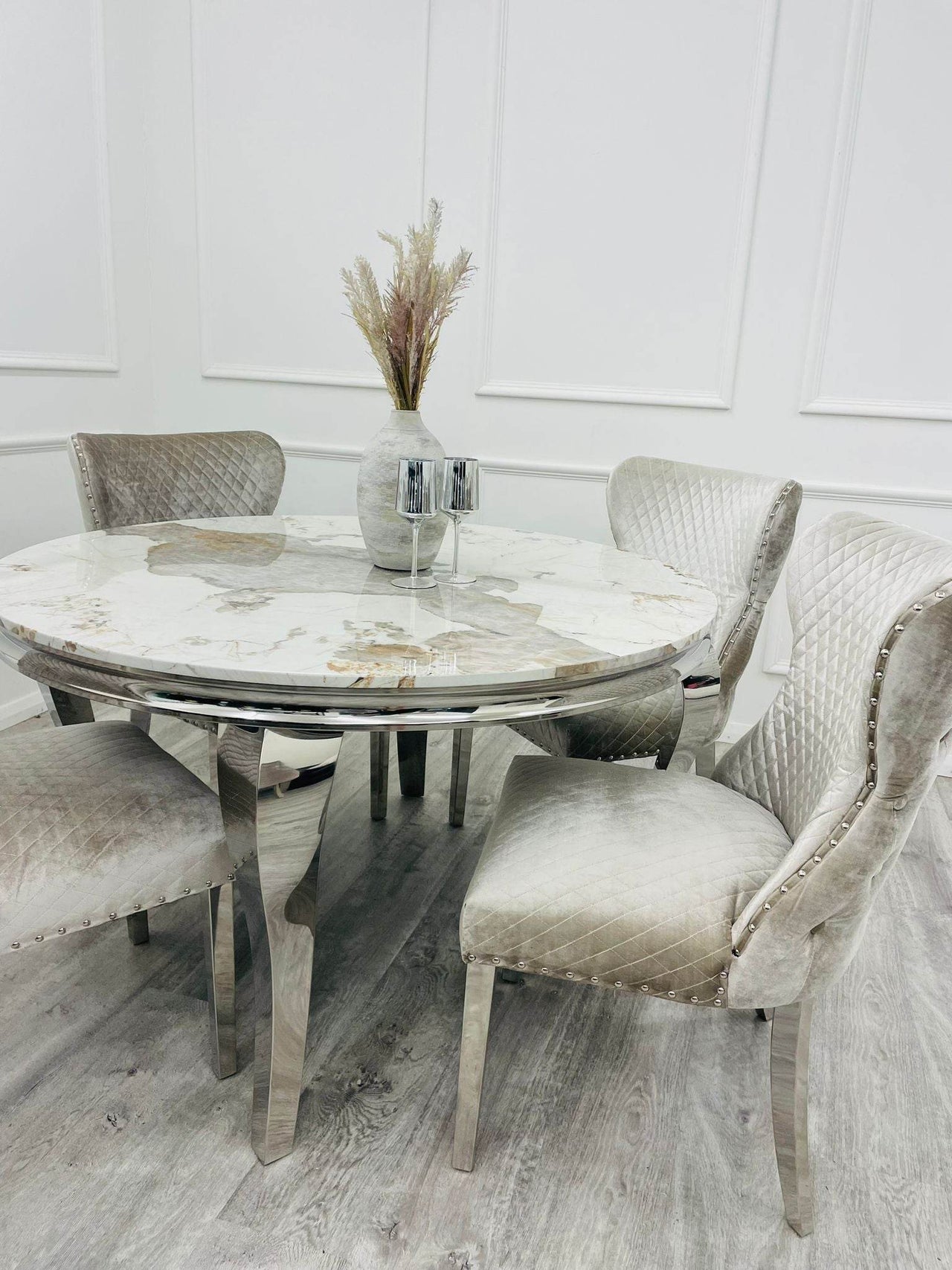 Louis Chrome Dining Table - Contemporary Parisian Chic, Marble & Glass Options, Sturdy Stainless Steel Base - UK Luxury Furniture