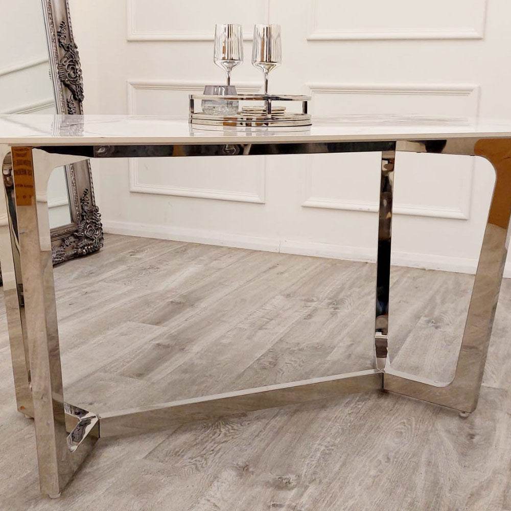 Lucien 1.6M Chrome Dining Table with Elegant Polar White Sintered Stone Top - UK Luxury Furniture