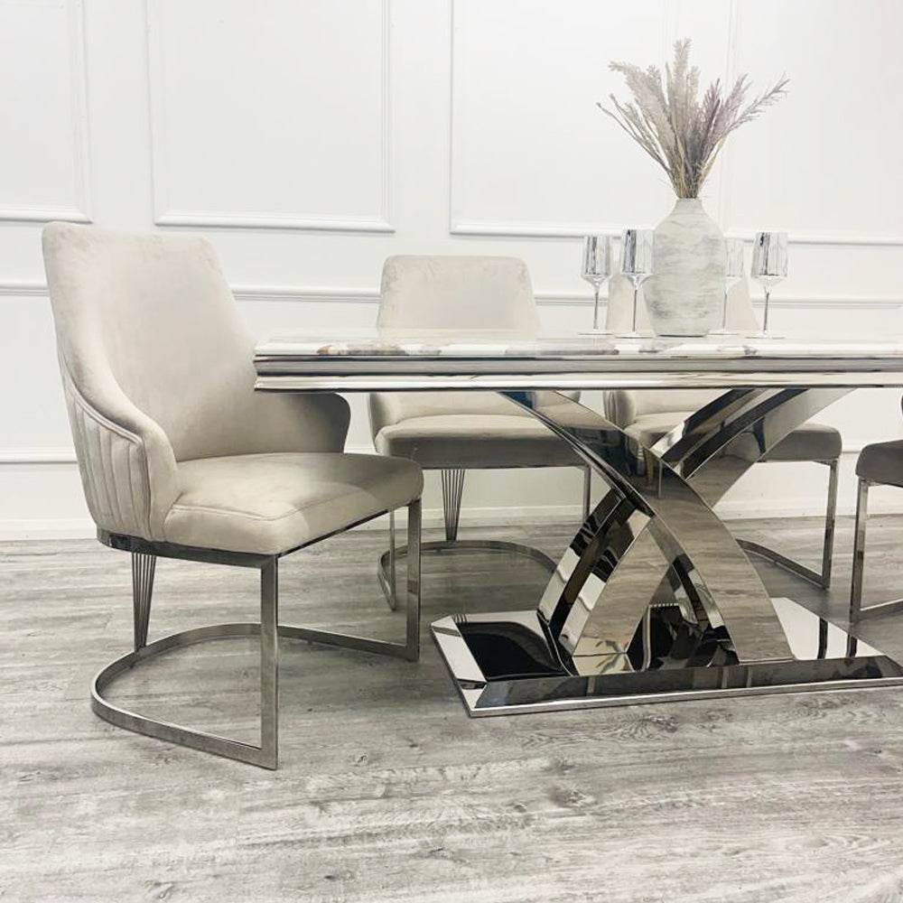 Stylish Milan Dining Table - 1.8m Polished Marble or Glass Top with Elegant Stainless Steel Base - UK Luxury Furniture
