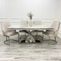 Stylish Milan Dining Table - 1.8m Polished Marble or Glass Top with Elegant Stainless Steel Base - UK Luxury Furniture
