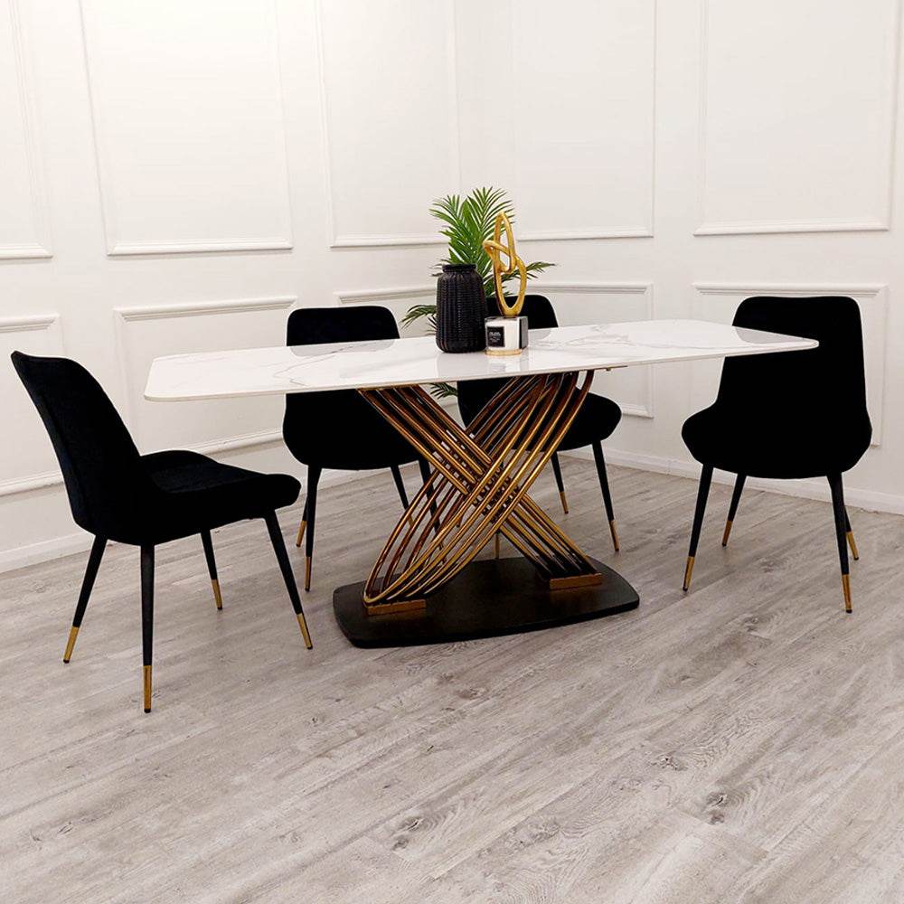 Orion Gold Dining Table 1.8M with Polar White Sintered Stone Top and Bold Black Base - UK Luxury Furniture