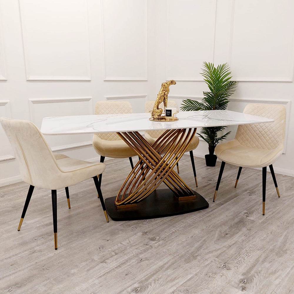 Orion Gold Dining Table 1.8M with Polar White Sintered Stone Top and Bold Black Base - UK Luxury Furniture