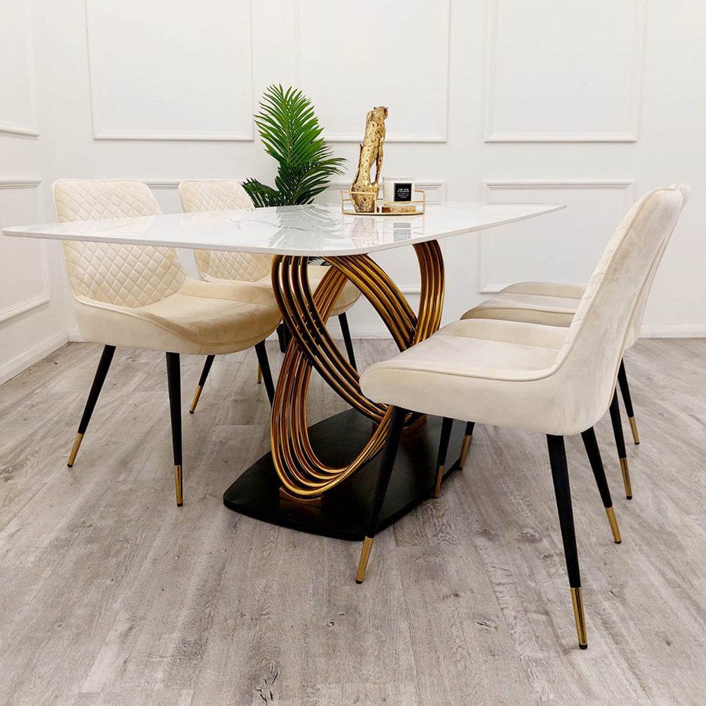 Orion Gold Dining Table 1.8M with Polar White Sintered Stone Top and Bold Black Base - UK Luxury Furniture