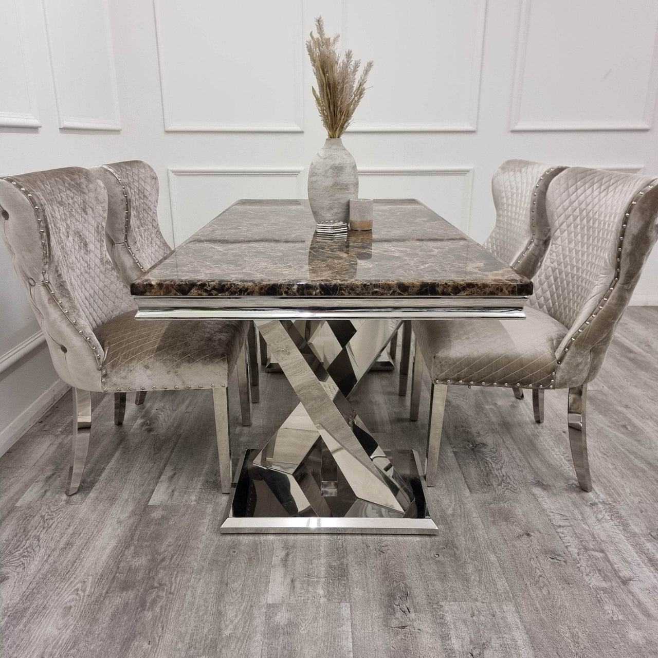 Xavia 1.8M Luxury Dining Table with Marble or Glass Top & Stainless Steel Double X Base - UK Luxury Furniture