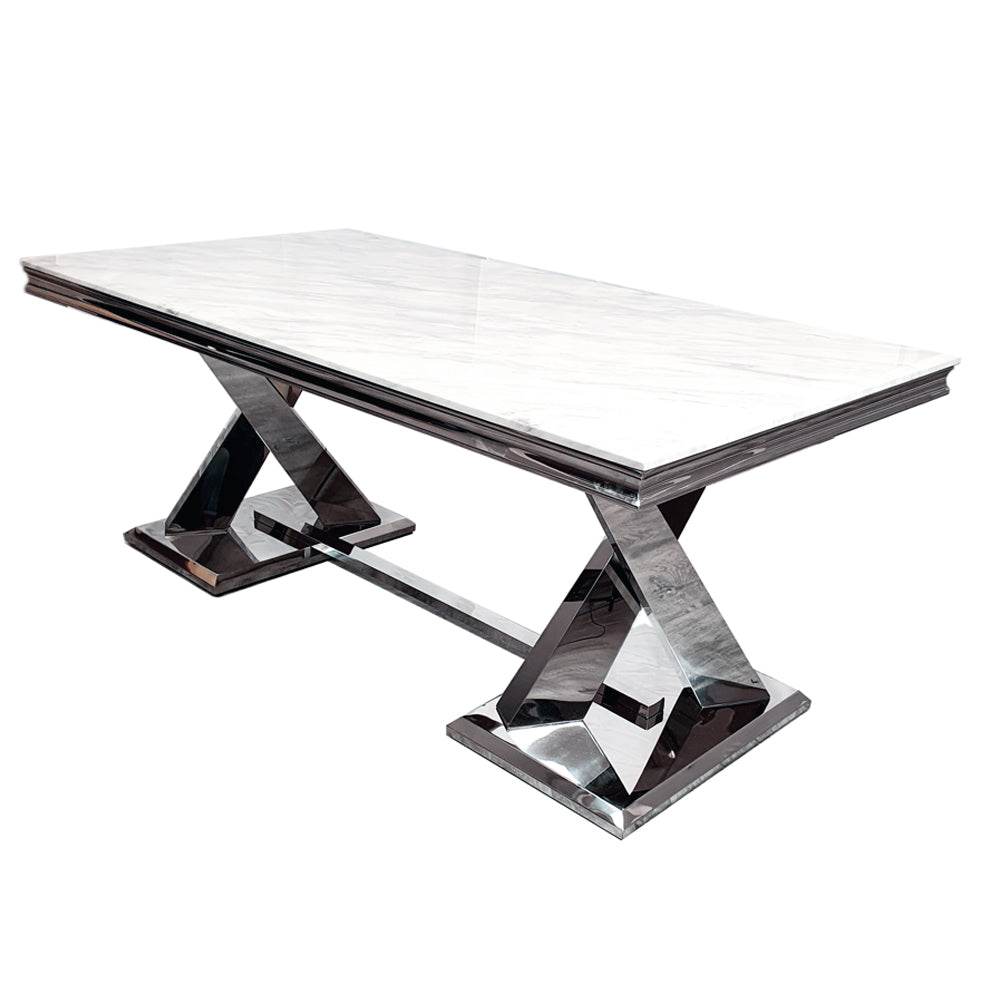 Xavia 1.8M Luxury Dining Table with Marble or Glass Top & Stainless Steel Double X Base - UK Luxury Furniture