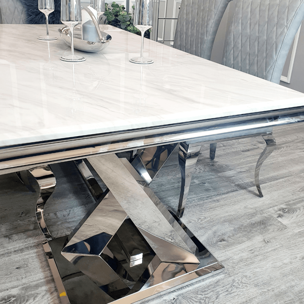 Xavia 1.8M Luxury Dining Table with Marble or Glass Top & Stainless Steel Double X Base - UK Luxury Furniture