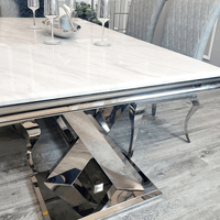 Xavia 1.8M Luxury Dining Table with Marble or Glass Top & Stainless Steel Double X Base - UK Luxury Furniture