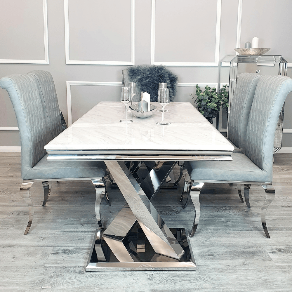 Xavia 1.8M Luxury Dining Table with Marble or Glass Top & Stainless Steel Double X Base - UK Luxury Furniture