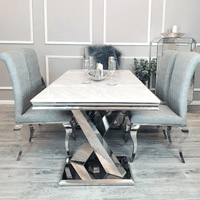 Xavia 1.8M Luxury Dining Table with Marble or Glass Top & Stainless Steel Double X Base - UK Luxury Furniture