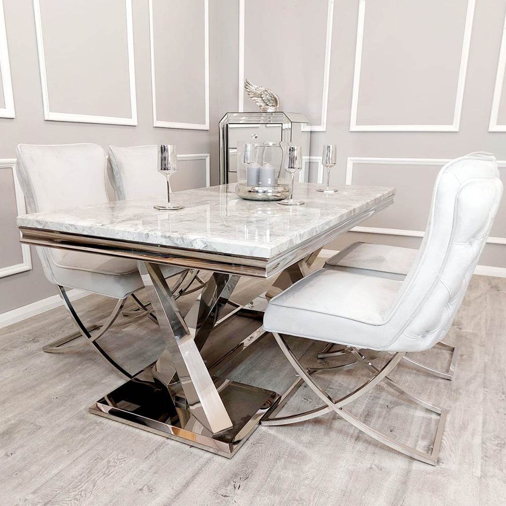 Xavia 1.8M Luxury Dining Table with Marble or Glass Top & Stainless Steel Double X Base - UK Luxury Furniture