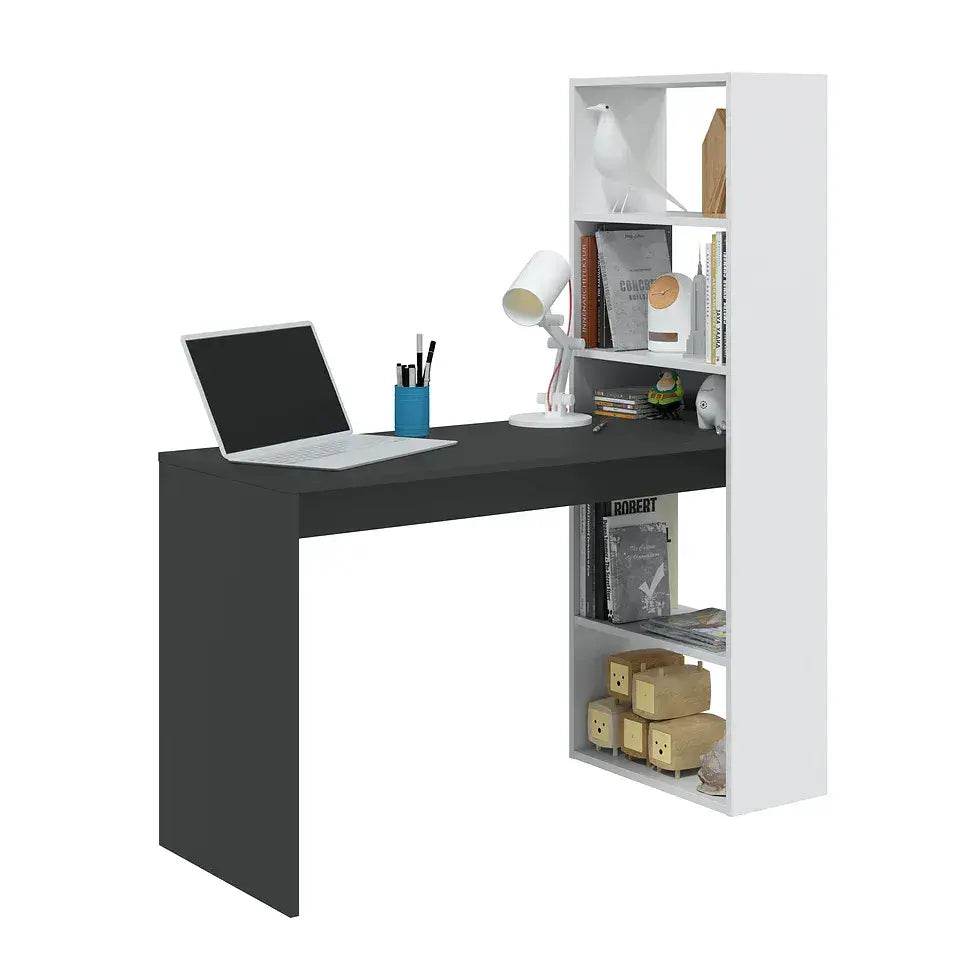 Modern White & Grey Computer Desk with Integrated Bookcase for Home Office - UK Luxury Furniture