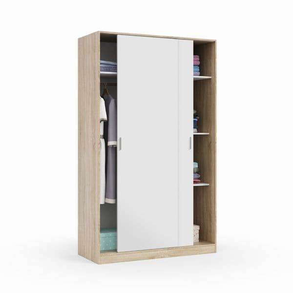 Durham Arctic White and Oak Effect Small Narrow Sliding 2-Door Wardrobe - UK Luxury Furniture