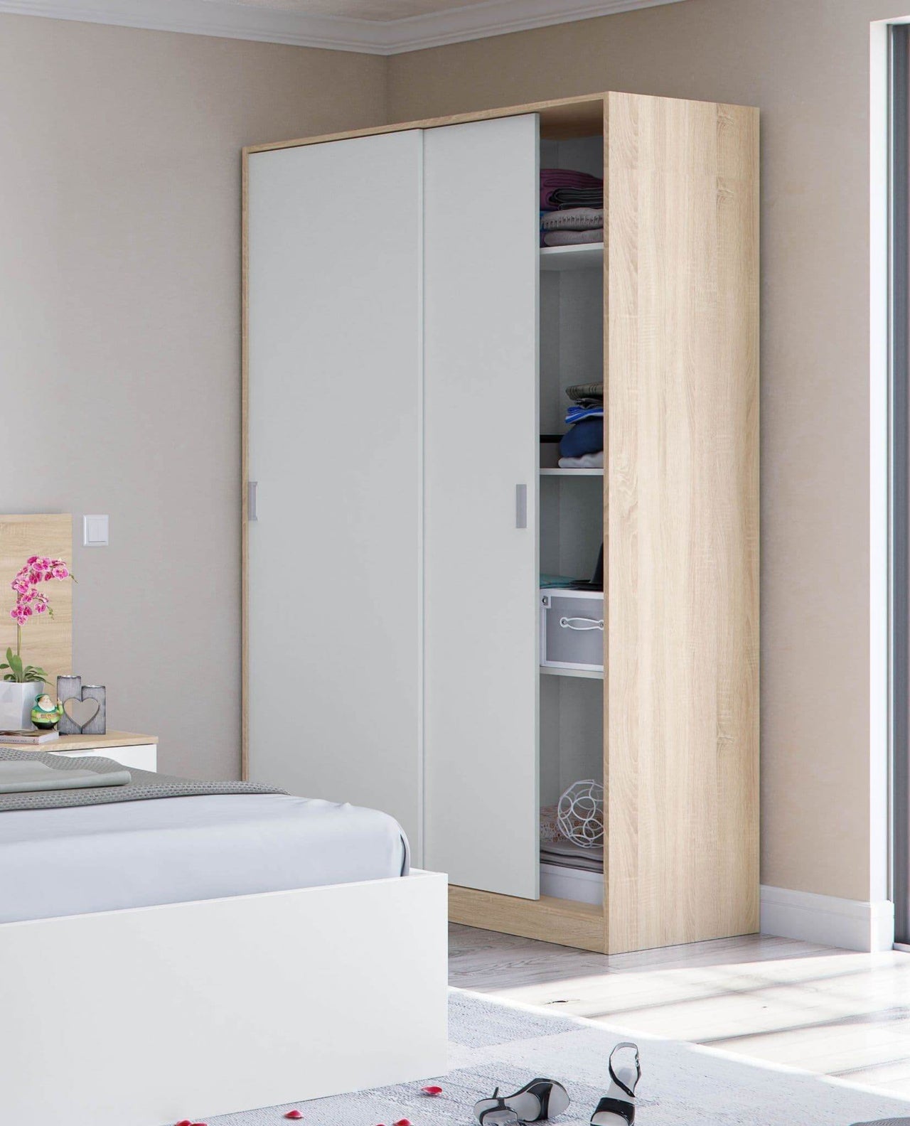 Durham Arctic White and Oak Effect Small Narrow Sliding 2-Door Wardrobe - UK Luxury Furniture