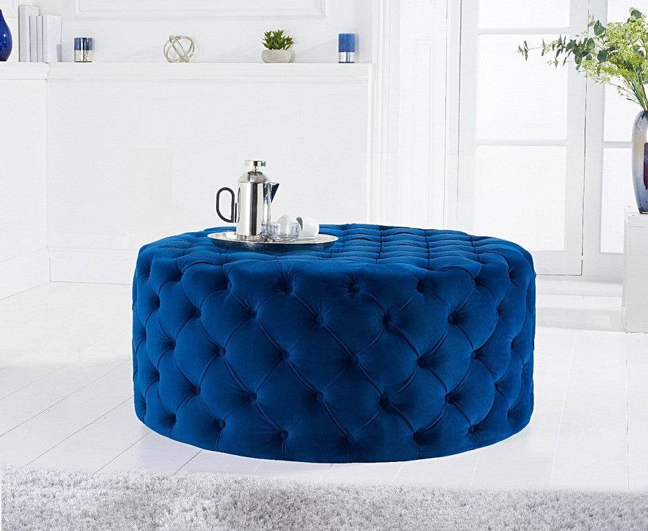 Luxurious Navy Blue Velvet Chesterfield Footstool - Rounded Design, No Assembly Required - UK Luxury Furniture