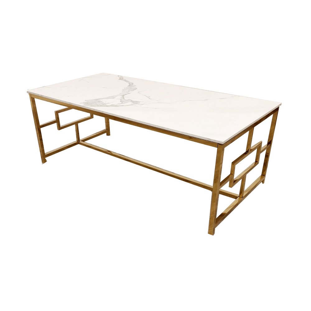 Luxury Geo Gold Coffee Table With Polar White Sintered Stone Top - Modern Geometric Design - UK Luxury Furniture
