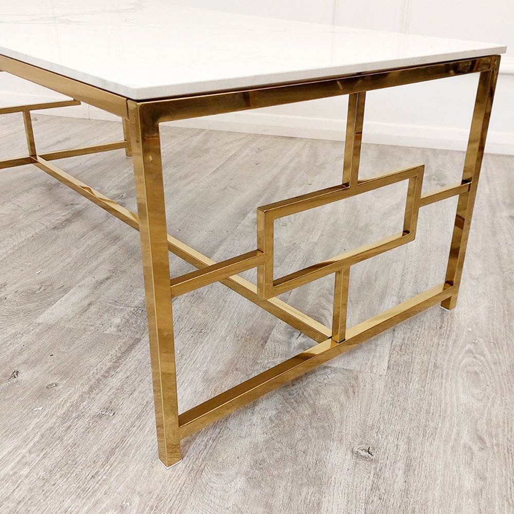 Luxury Geo Gold Coffee Table With Polar White Sintered Stone Top - Modern Geometric Design - UK Luxury Furniture