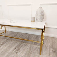 Luxury Geo Gold Coffee Table With Polar White Sintered Stone Top - Modern Geometric Design - UK Luxury Furniture
