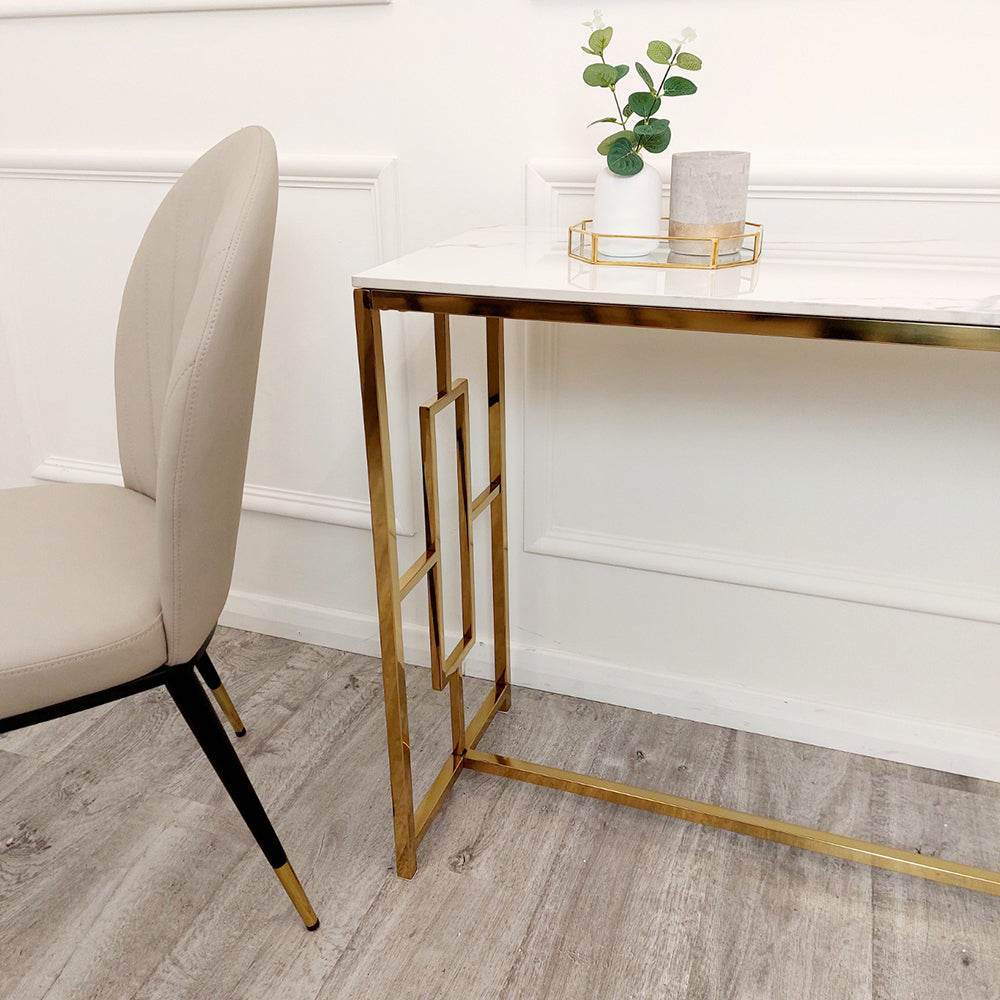 Geo Gold Console Table With Elegant Polar White Sintered Stone Top - 120cm Wide - UK Luxury Furniture