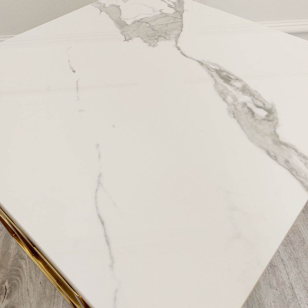 Geo Gold Lamp Table With Polar White Sintered Stone Top - Modern Geometric Design - 55Cm Square - UK Luxury Furniture