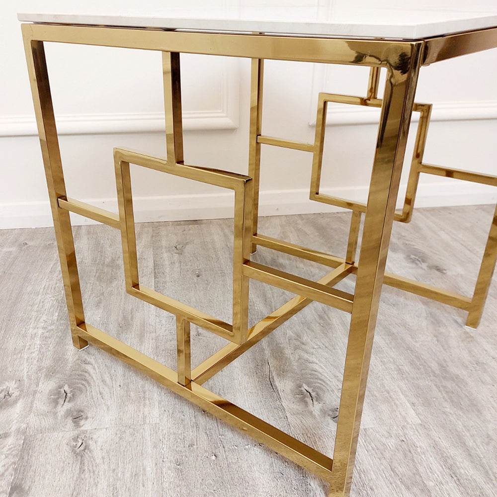 Geo Gold Lamp Table With Polar White Sintered Stone Top - Modern Geometric Design - 55Cm Square - UK Luxury Furniture