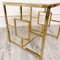 Geo Gold Lamp Table With Polar White Sintered Stone Top - Modern Geometric Design - 55Cm Square - UK Luxury Furniture