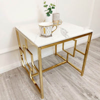 Geo Gold Lamp Table With Polar White Sintered Stone Top - Modern Geometric Design - 55Cm Square - UK Luxury Furniture