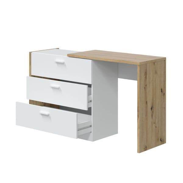 Gothenburg White & Oak Space-Saving Chest of Drawers Desk with 3 Storage Drawers - UK Luxury Furniture