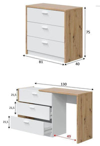 Gothenburg White & Oak Space-Saving Chest of Drawers Desk with 3 Storage Drawers - UK Luxury Furniture