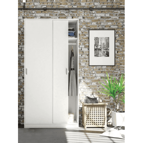 Hansen White Small Narrow Two-Door Sliding Wardrobe with Hanging Rail and Shelf - UK Luxury Furniture