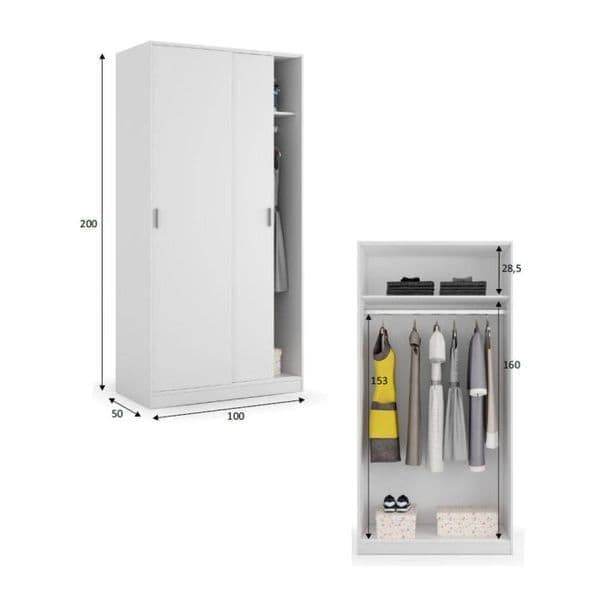 Hansen White Small Narrow Two-Door Sliding Wardrobe with Hanging Rail and Shelf - UK Luxury Furniture