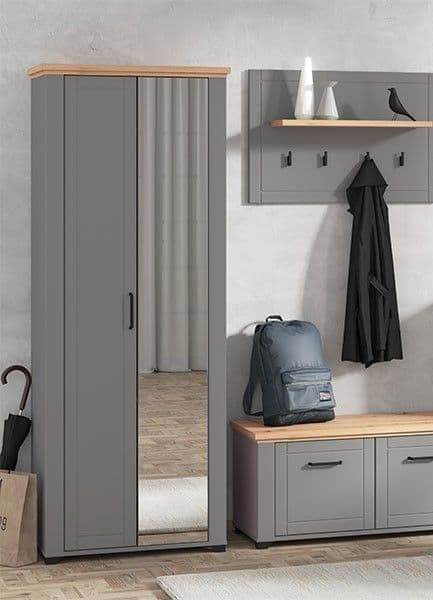 Havertz Grey and Artisan Oak Slim Mirrored Wardrobe: Space-Saving Bedroom Storage Solution - UK Luxury Furniture