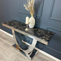Arial Console Table - Luxurious Marble or Glass Top with Polished Stainless Steel Base - 140cm Wide - UK Luxury Furniture