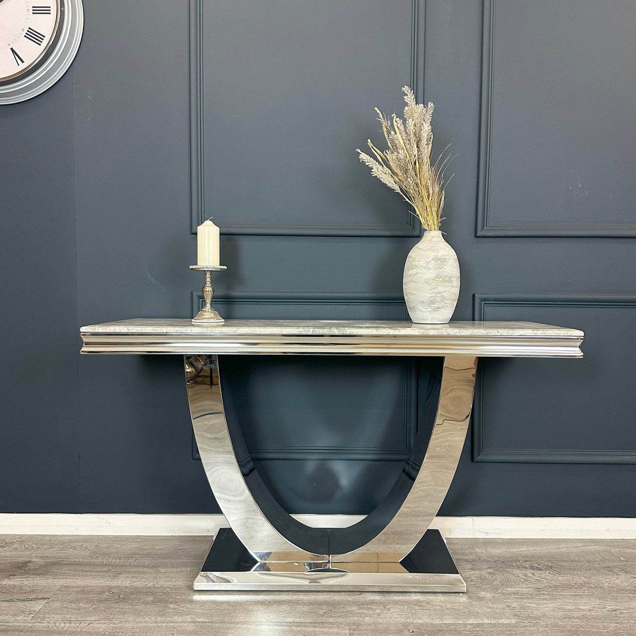 Arial Console Table - Luxurious Marble or Glass Top with Polished Stainless Steel Base - 140cm Wide - UK Luxury Furniture
