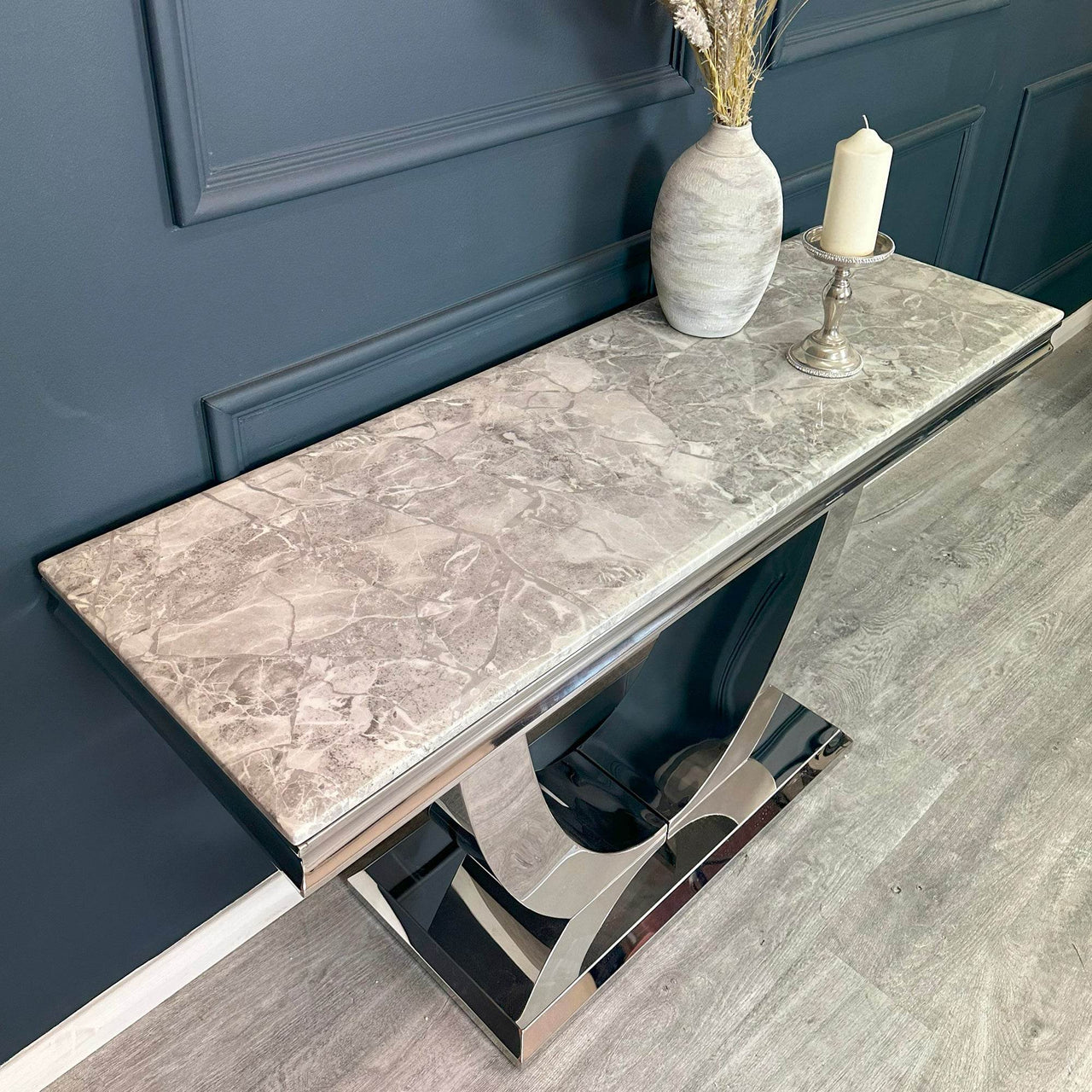 Arial Console Table - Luxurious Marble or Glass Top with Polished Stainless Steel Base - 140cm Wide - UK Luxury Furniture