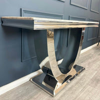 Arial Console Table - Luxurious Marble or Glass Top with Polished Stainless Steel Base - 140cm Wide - UK Luxury Furniture