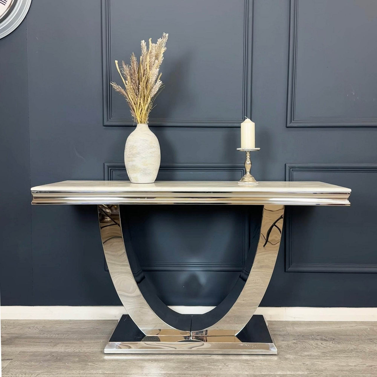 Arial Console Table - Luxurious Marble or Glass Top with Polished Stainless Steel Base - 140cm Wide - UK Luxury Furniture
