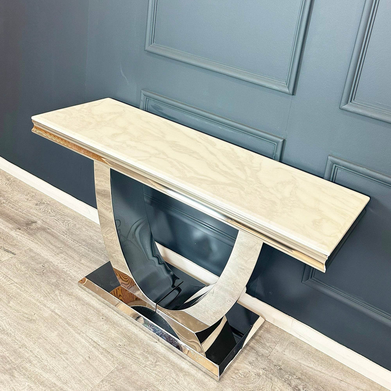 Arial Console Table - Luxurious Marble or Glass Top with Polished Stainless Steel Base - 140cm Wide - UK Luxury Furniture