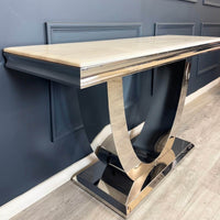 Arial Console Table - Luxurious Marble or Glass Top with Polished Stainless Steel Base - 140cm Wide - UK Luxury Furniture