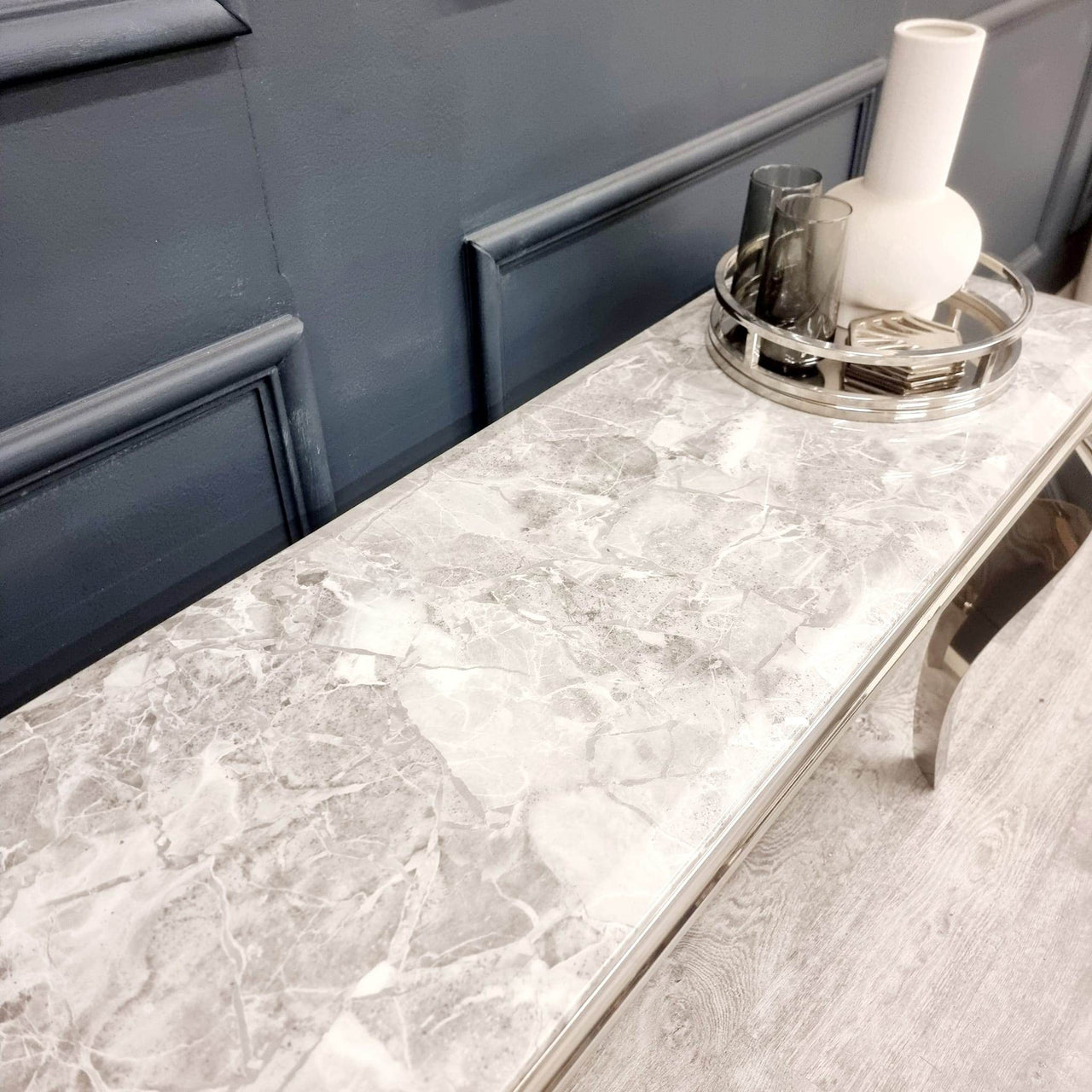 Elegant Louis Chrome Console Table with Marble or Glass Top and Stainless Steel Legs - UK Luxury Furniture