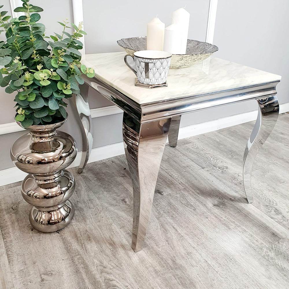 Louis Lamp Table with Curved Chrome Legs – Stylish Marble or Glass Top – Part of Louis Collection - UK Luxury Furniture