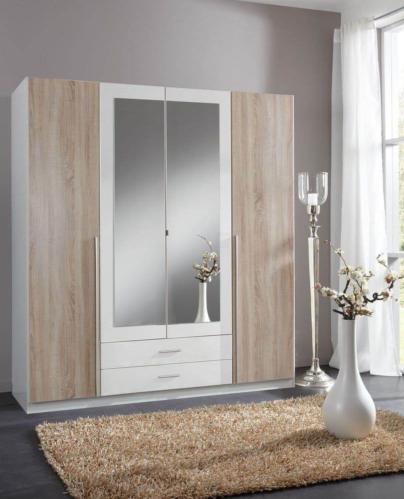 Artic White & Oak Effect 4-Door, 2-Drawer Wardrobe with Mirrored Doors - UK Luxury Furniture