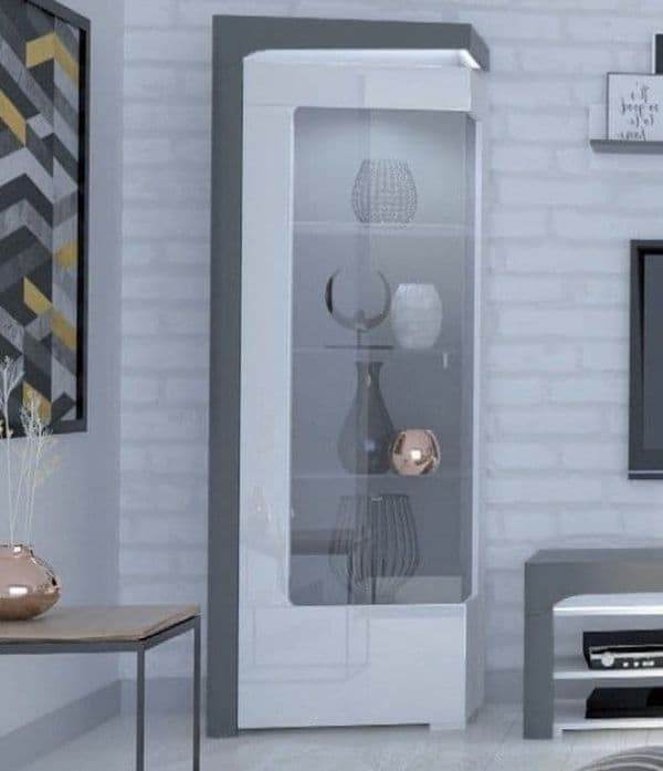 Elegant Athens Grey and White Gloss Left Display Cabinet with LED Illumination - UK Luxury Furniture