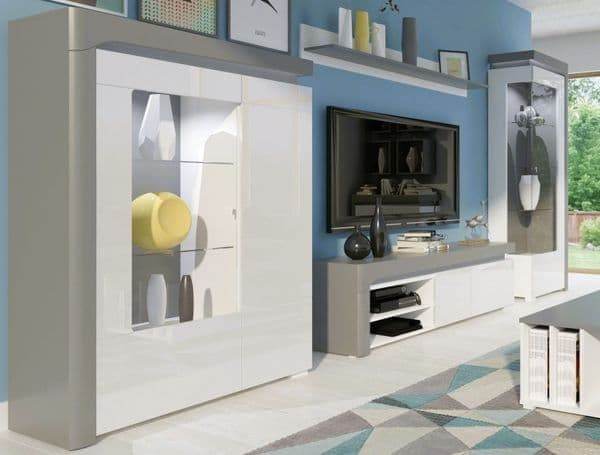 Athens Grey and White High Gloss Display Cabinet with LED Lighting - UK Luxury Furniture