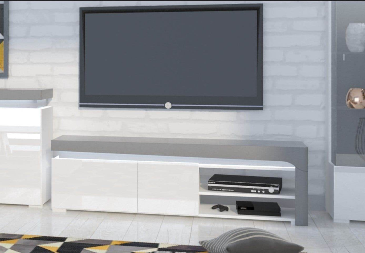Athens Grey and White High Gloss TV Unit with Two Cupboards and Open Shelf - UK Luxury Furniture