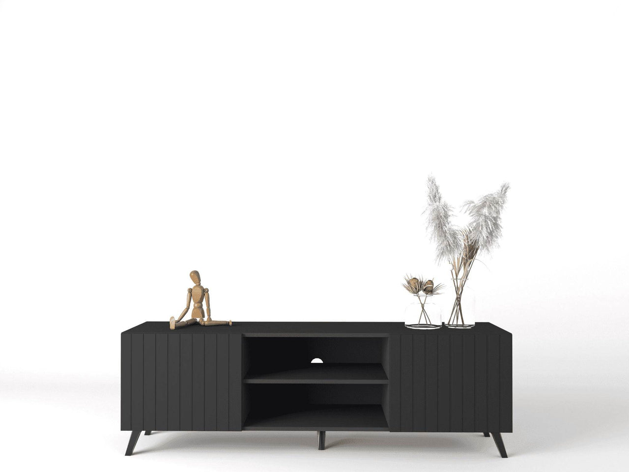 Atlantis Matte Black Large TV Cabinet: Modern Entertainment Unit with Grooved Doors - UK Luxury Furniture