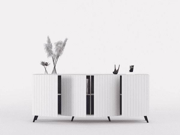 Atlantis Elegant Matte White Sideboard: Wide 4-Door Storage with Grooved Lines - UK Luxury Furniture