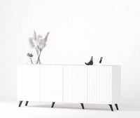 Atlantis Elegant Matte White Sideboard: Wide 4-Door Storage with Grooved Lines - UK Luxury Furniture